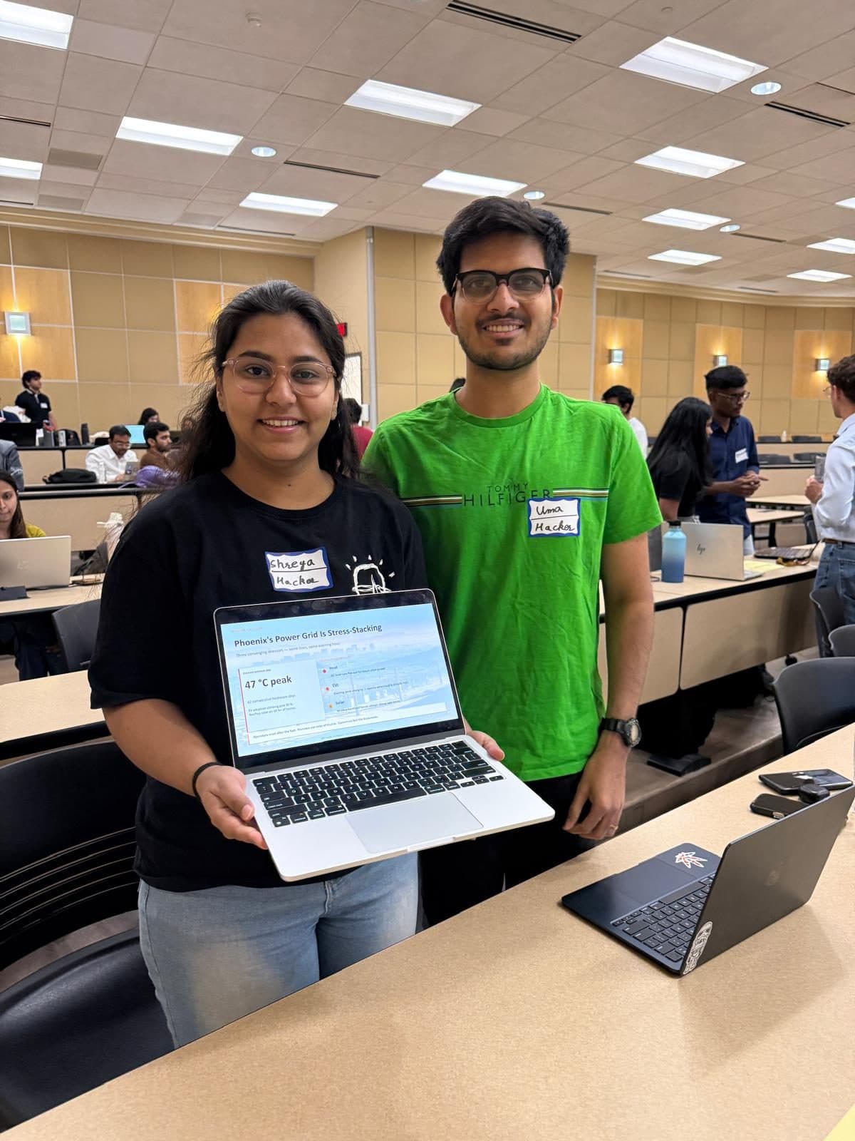 A team demonstrating their prototype on a laptop during the hackathon.